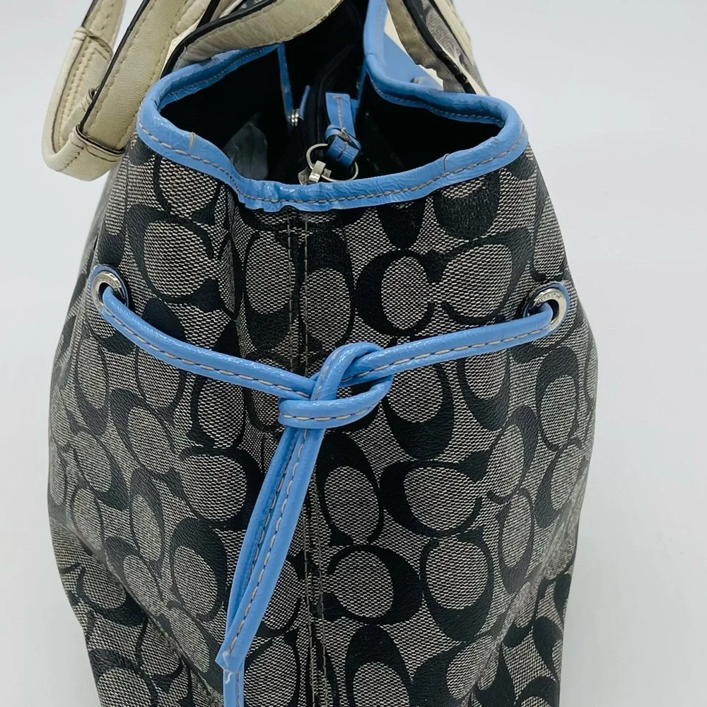 Coach Signature Canvas Satchel in Gray with Blue and Cream Stripes